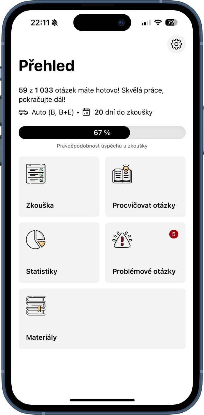 Přehled aplikace Testy na řidičák s pravděpodobností úspěchu 67 procent, odpočtem do zkoušky a problematickými otázkami