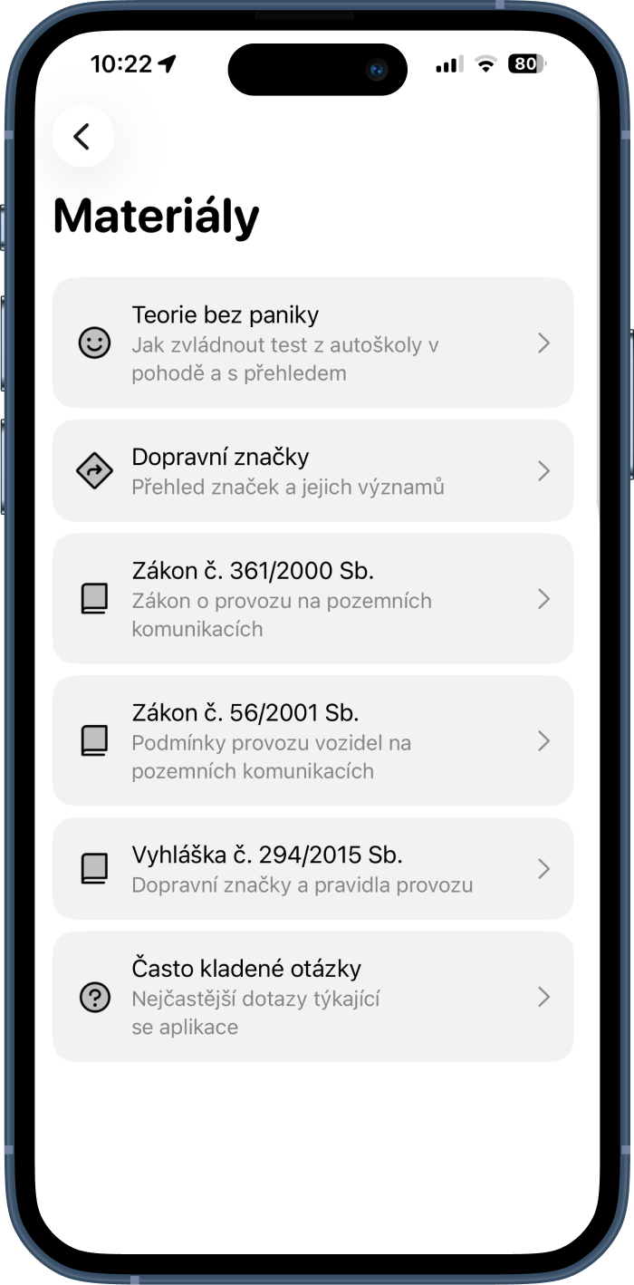 Studijní materiály v aplikaci Testy na řidičák: teorie bez paniky, dopravní značky, zákon 361/2000, zákon 56/2001 a vyhláška 294/2015