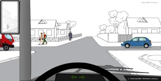 Ilustrace k otázce: Jste řidičem vozidla z výhledu. Na křižovatce: