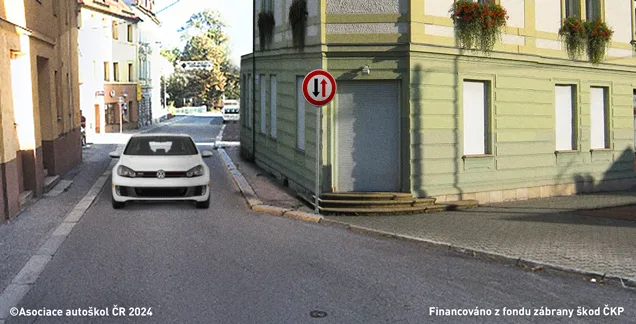Ilustrace k otázce: Jak se má zachovat řidič motocyklu ve vyobrazené dopravní situaci?