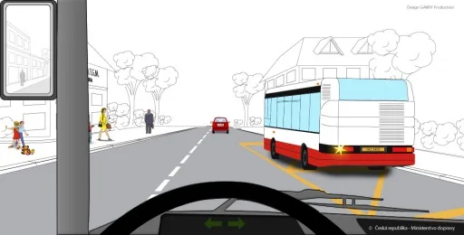 Ilustrace k otázce: Jedete v obci jako řidič vozidla z výhledu. Je vaší povinností umožnit autobusu vyjetí ze zastávky?