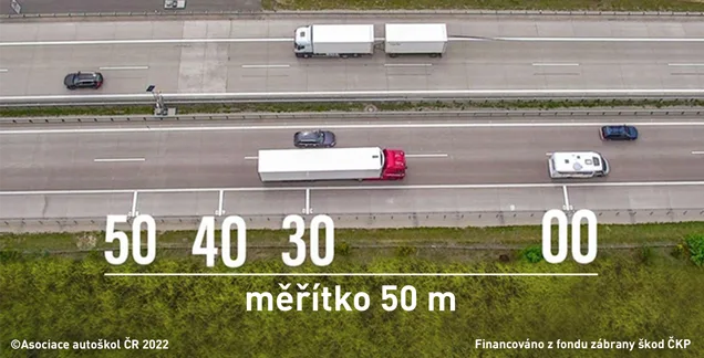 Ilustrace k otázce: Dodržel řidič červeného nákladního automobilu při rychlosti 72 km/h (20 m/s) bezpečnou vzdálenost za vozidlem jedoucím před ním?