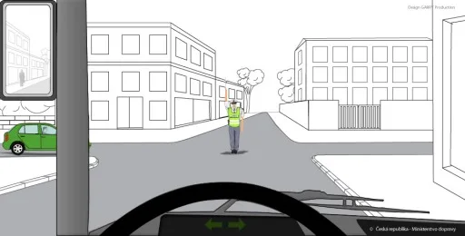 Ilustrace k otázce: Při tomto pokynu policisty je vaší povinností, jako řidiče vozidla z výhledu, zastavit vozidlo před hranicí křižovatky?