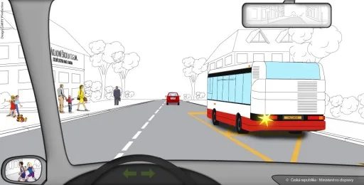 Ilustrace k otázce: Jedete v obci jako řidič vozidla z výhledu. Je vaší povinností umožnit autobusu vyjetí ze zastávky?