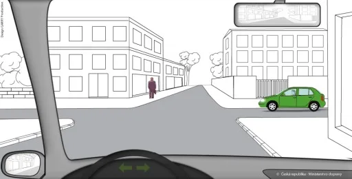 Ilustrace k otázce: Jako řidič automobilu z výhledu projedete touto křižovatkou: