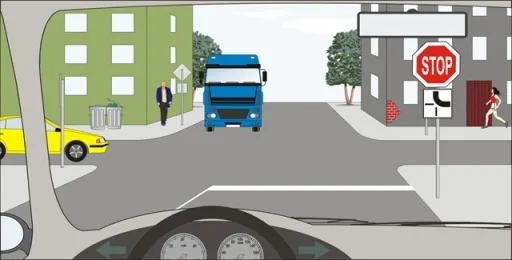 Ilustrace k otázce: Vozidlo z výhledu projede křižovatkou: